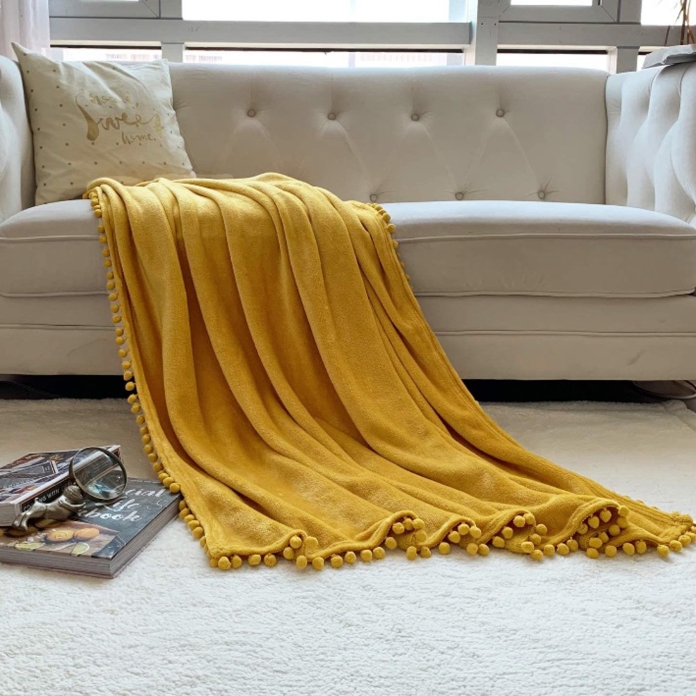 Sunflower Yellow Pompom Fringe Chic Cozy Soft Throw Blanket/Cover - Picture 4 of 16